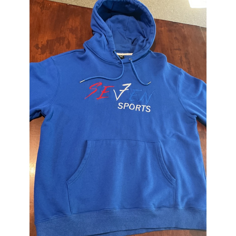 Seven Sports Mens Embroidered Logo Hoodie Blue 100% Cotton Pullover Size Large